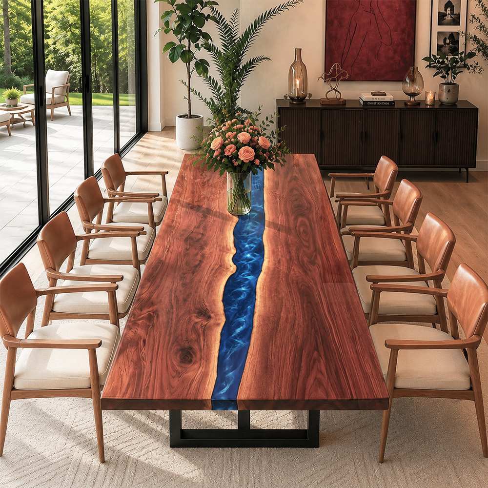 Ocean-inspired blue resin dining table featuring a flowing center river that adds depth and contrast to the natural black walnut wood.