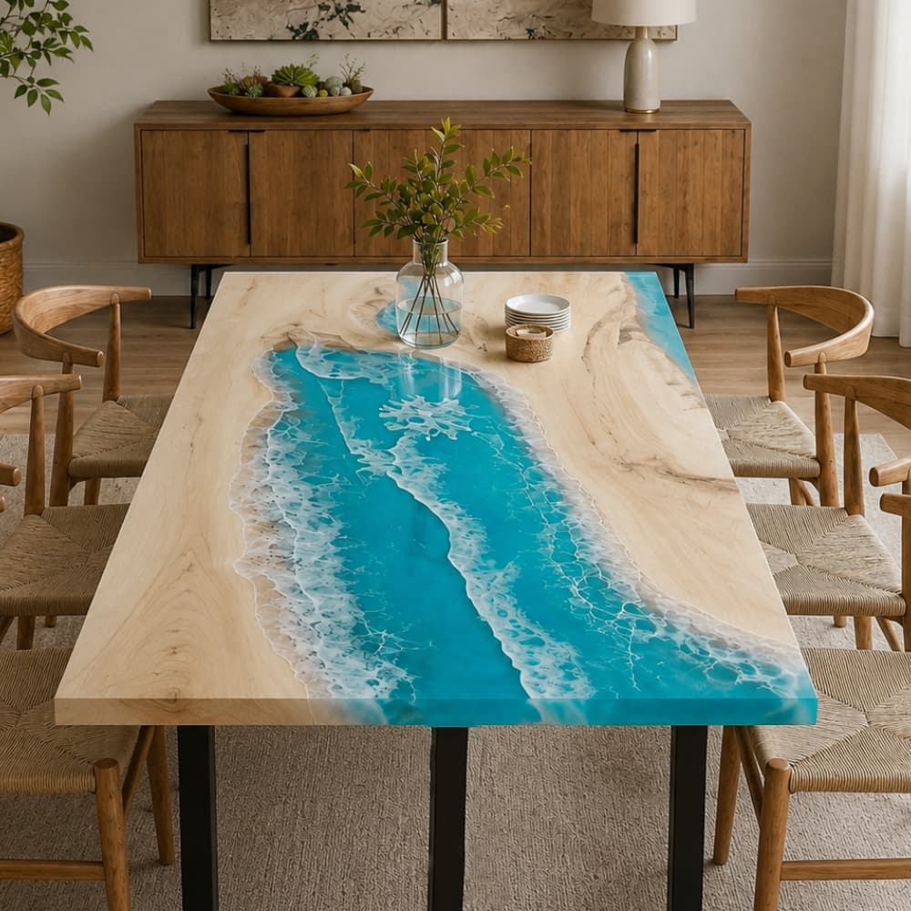 Light wood ocean river dining table with pale poplar grain and layered blue resin centerpiece