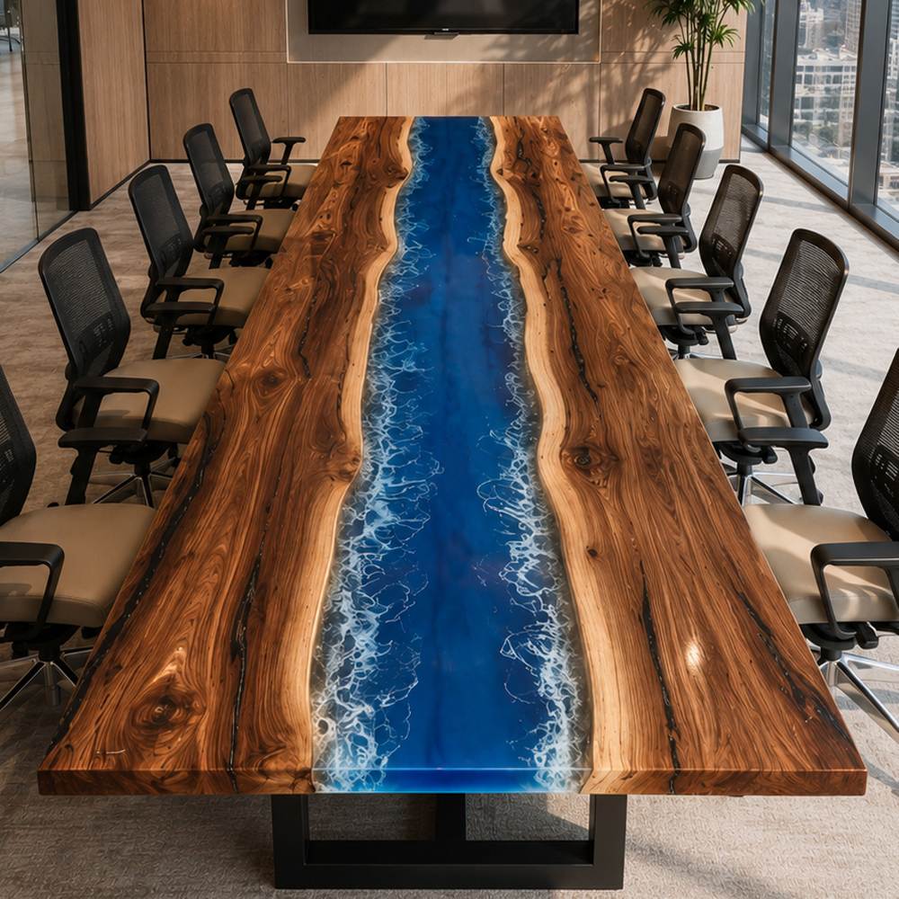 Custom boardroom table crafted from black walnut and ocean blue resin river