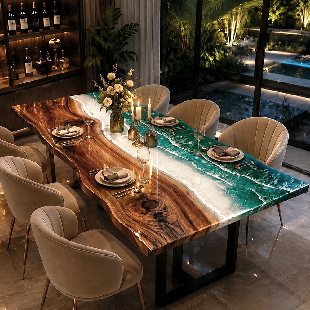 Luxury live edge wood dining table featuring a vibrant turquoise ocean resin wave insert with white seafoam.