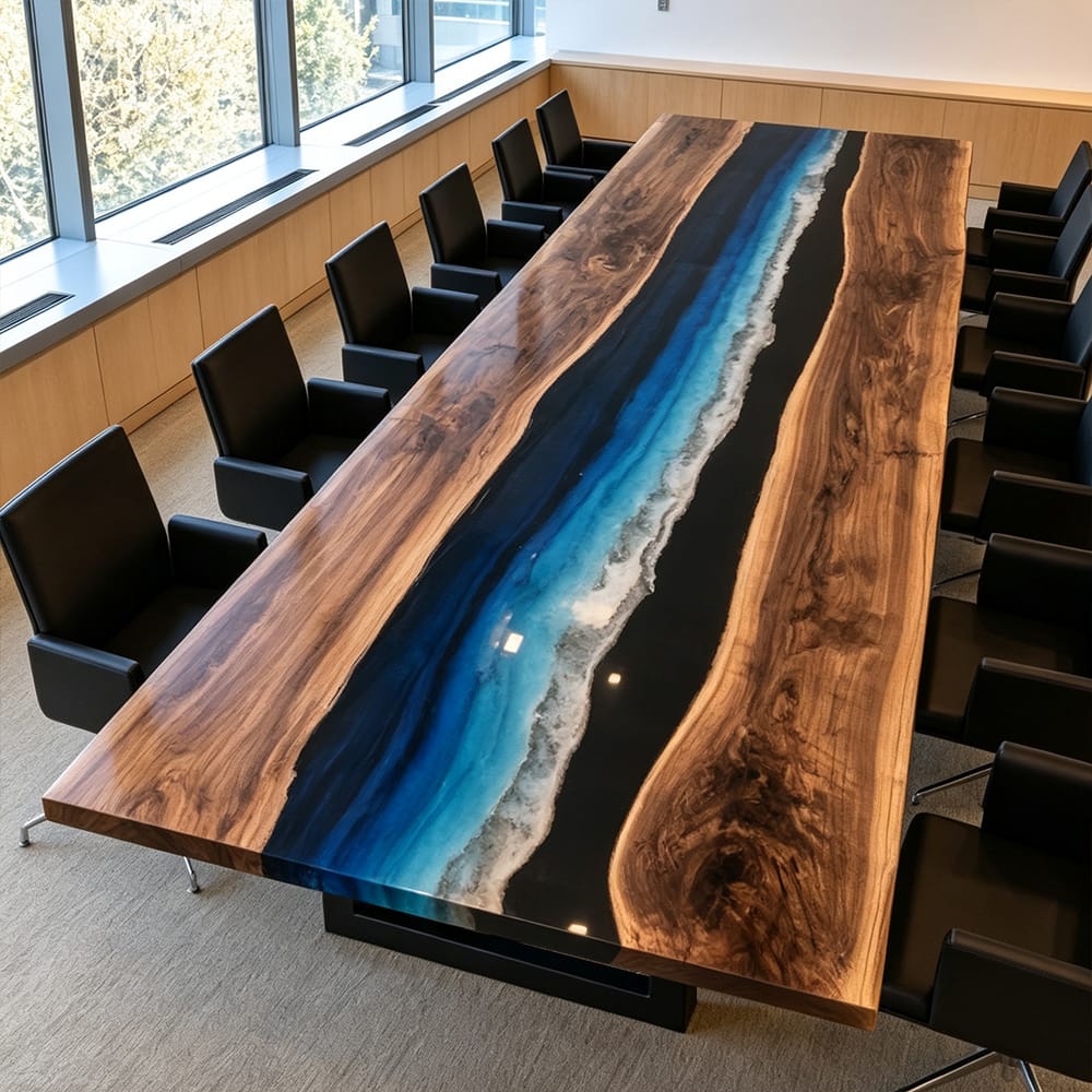Large Black Walnut boardroom table featuring deep black resin and layered blue ocean wave details.