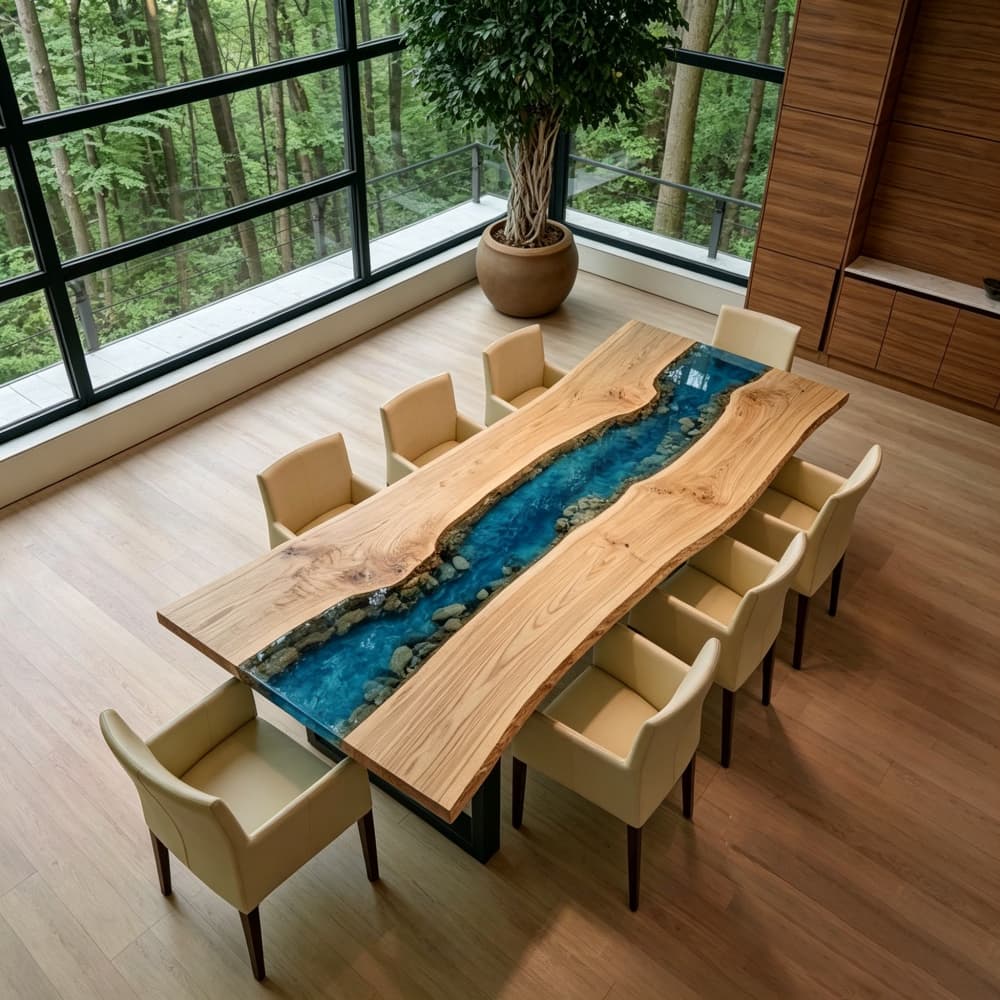 Close-up of the realistic 3D ocean wave effect and sea foam texture in a translucent blue resin river table