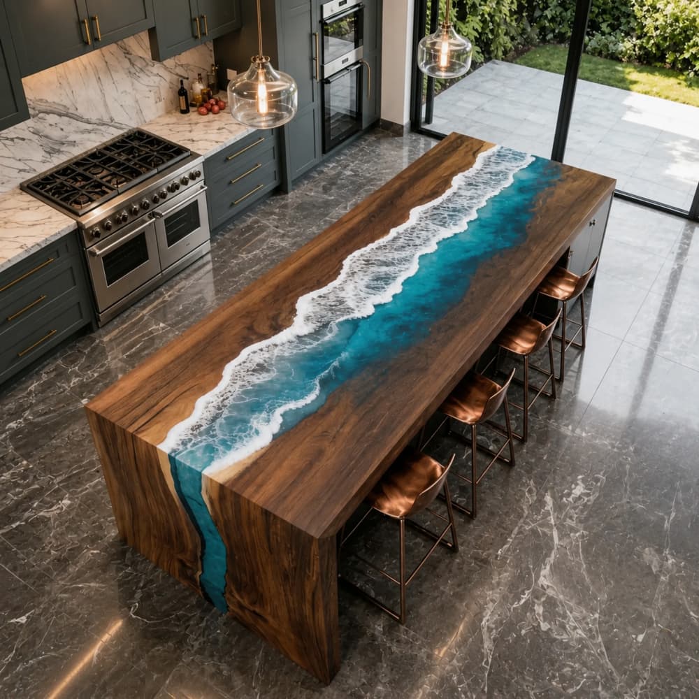 Handcrafted black walnut resin island table for open-plan kitchen dining