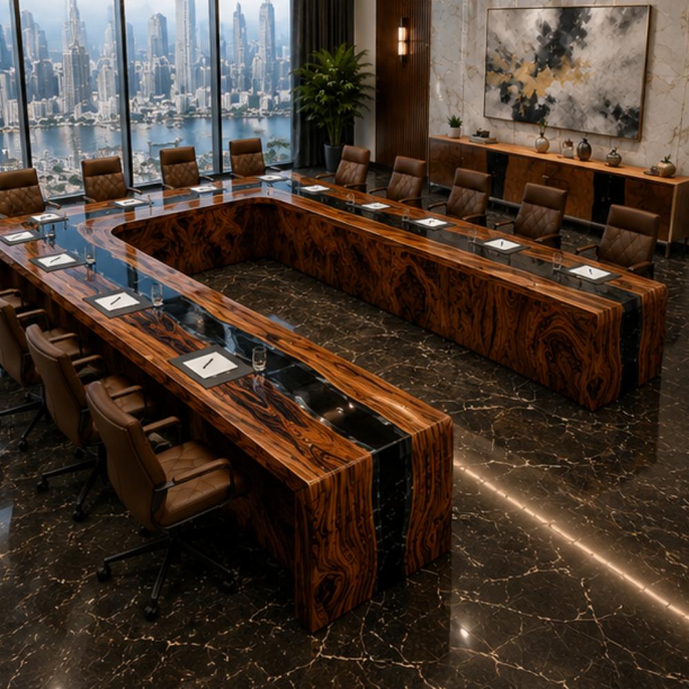 Executive meeting table with a striking blue resin river design, paired with tan leather chairs, ideal for contemporary corporate interiors