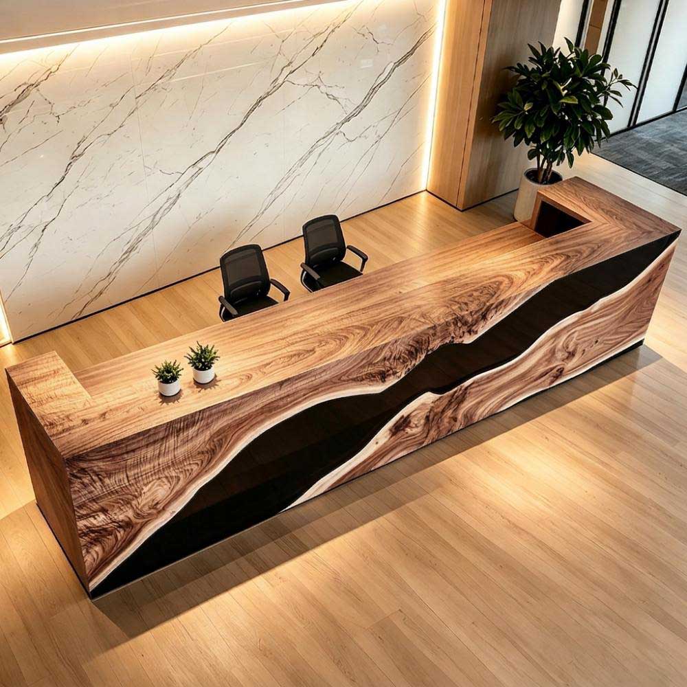 Modern office reception desk combining natural walnut grain with black resin detailing
