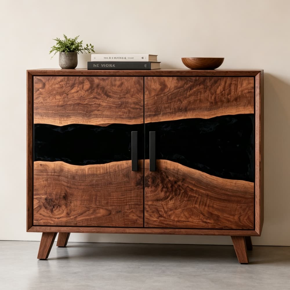 Black walnut office storage cabinet designed to coordinate with a custom epoxy resin conference table