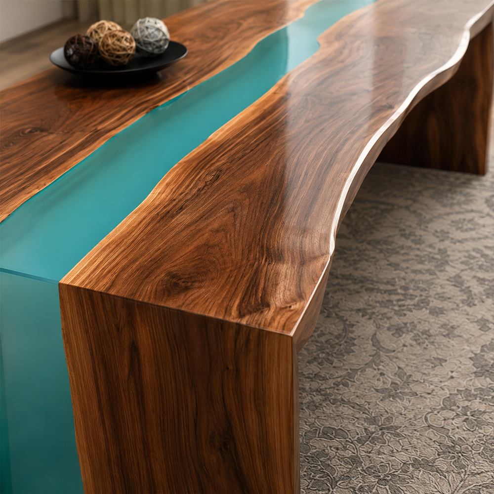An architectural statement piece table handcrafted from solid timber and green epoxy resin for a modern corporate office room