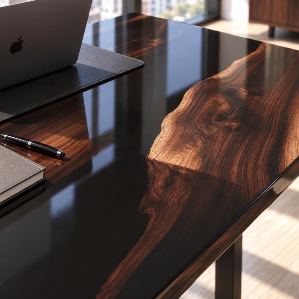 Top view of one of a kind black epoxy resin live edge walnut desk, showcasing seamless black resin river flowing through natural walnut slab