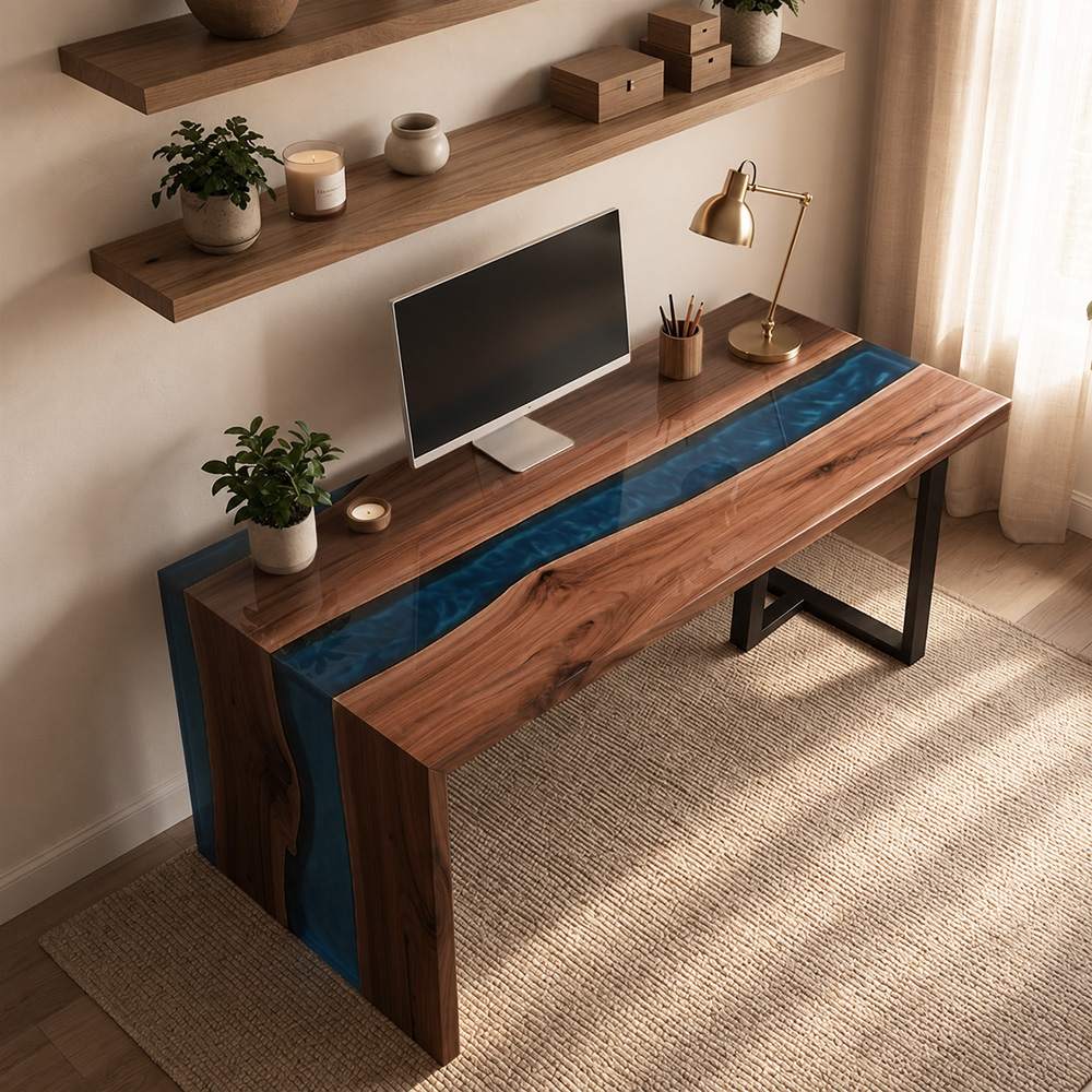 Walnut writing desk with blue resin side panel, sculptural waterfall leg, and compact design for daily work and study