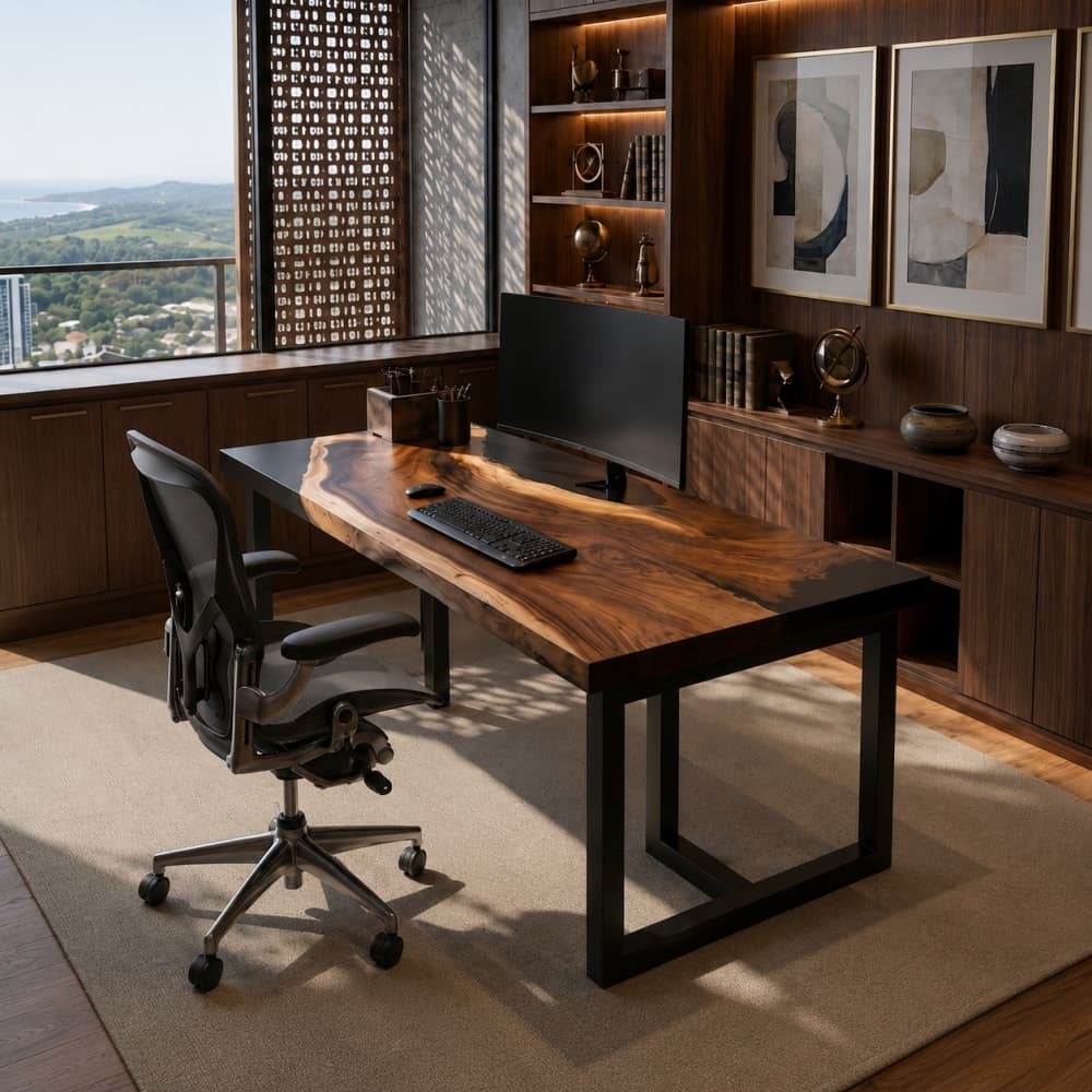 Premium live edge black walnut office desk with solid black epoxy resin
