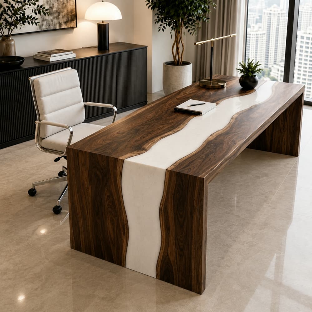 Top-down close-up of solid opaque white resin contrasting against the rich chocolate grain patterns of premium American walnut timber