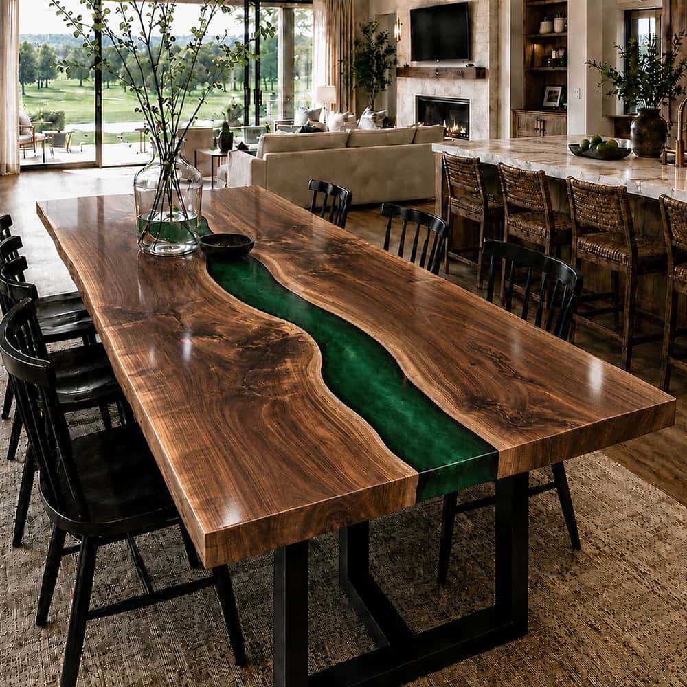 Modern upscale dining area highlighting a custom green resin river table across from a white marble kitchen island and fireplace