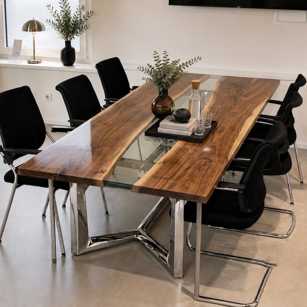 Close-up of zero-bubble glass-effect resin bridging two massive solid wood slabs supported by a modern polished chrome base