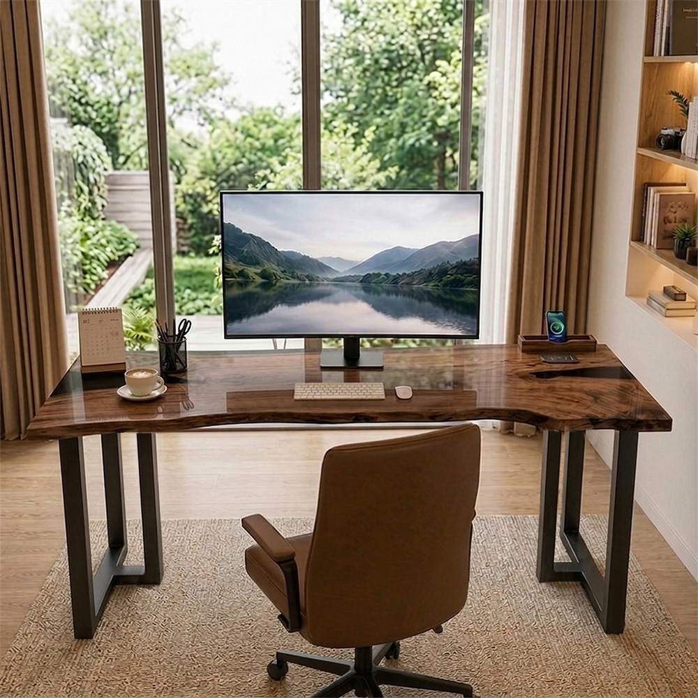 Organic edge walnut remote work desk with rich wood movement, black resin sections, and a clean metal leg structure