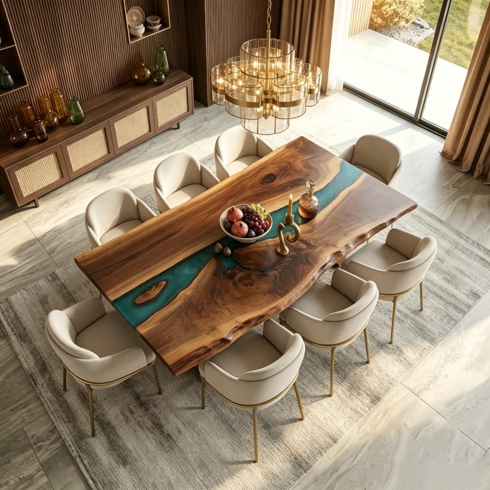 Organic live‑edge wood border of North‑American walnut slab paired with turquoise epoxy for bespoke hand‑made dining‑table