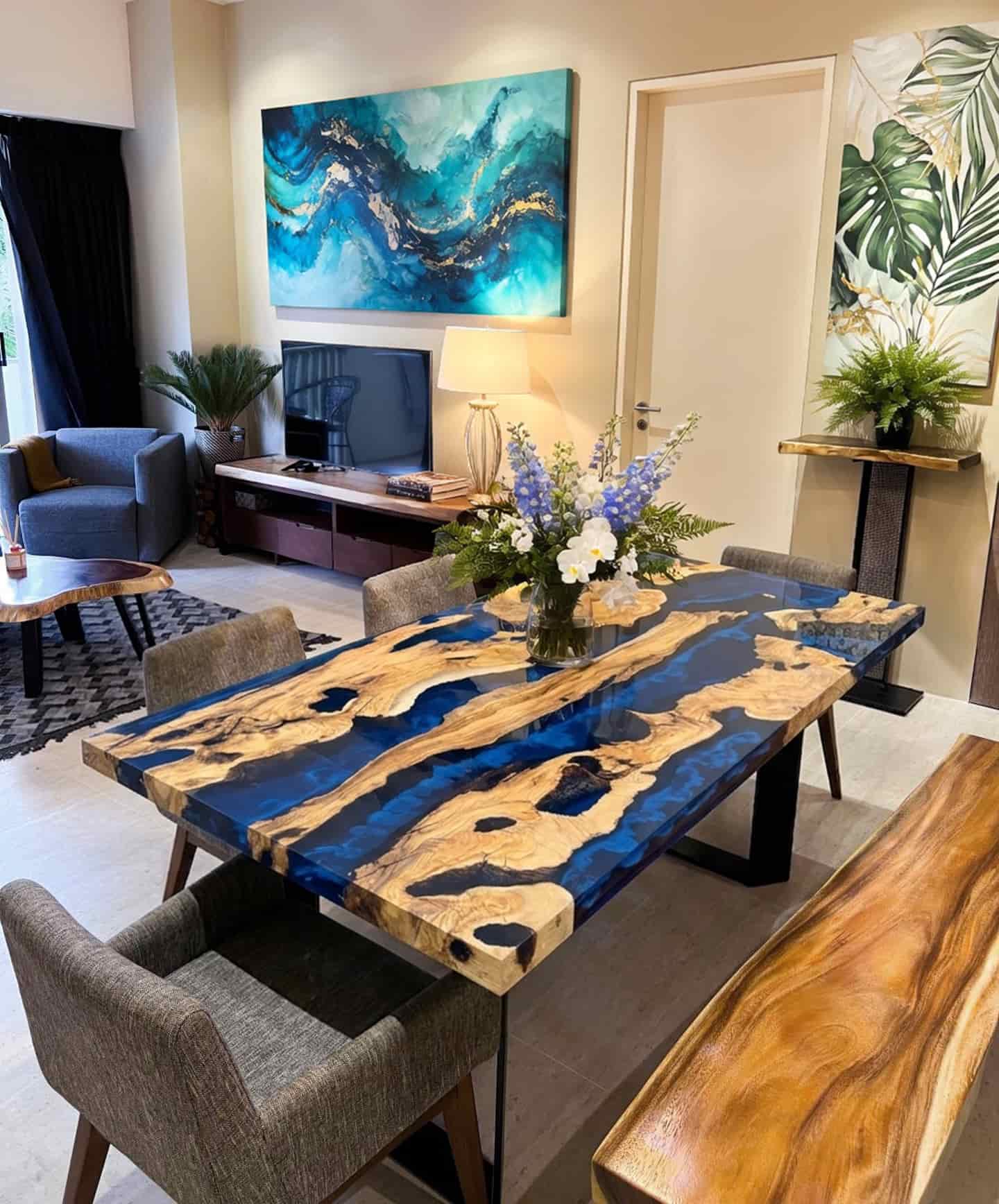 High-end contemporary dining room center table featuring a unique handcrafted wood and resin top.