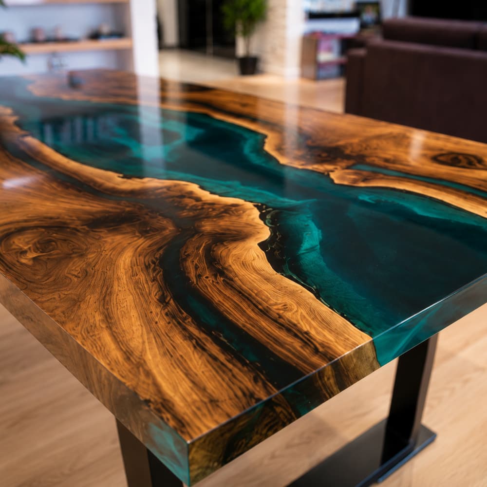 Diagonal overhead lifestyle shot of long live edge walnut dining table with flowing gradient deep teal transparent epoxy river, fitted with matte black angular metal legs, placed on light oak plank flooring inside minimalist residential dining space