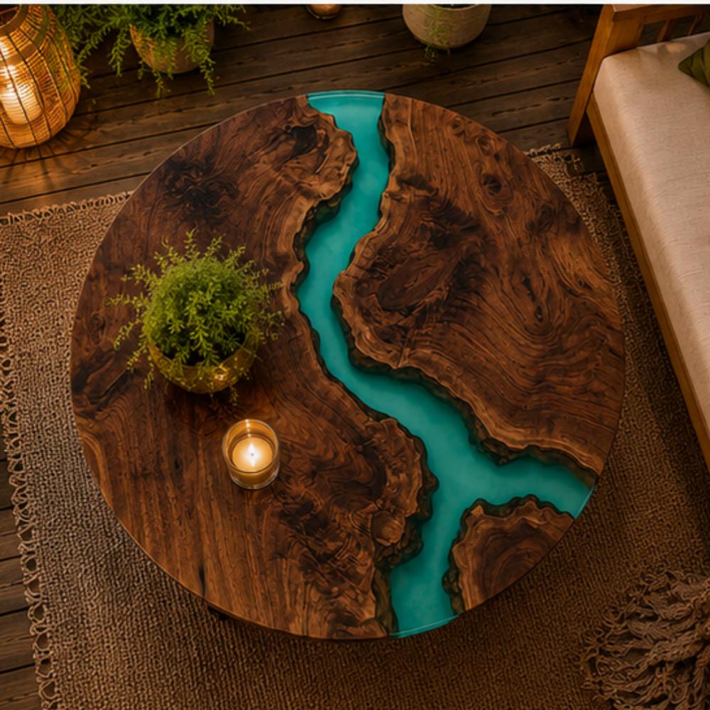 Warm bohemian tabletop styling featuring lush tiny green fern in golden metallic planter and lit glass tealight candle set against deep walnut and bright turquoise epoxy round table surface