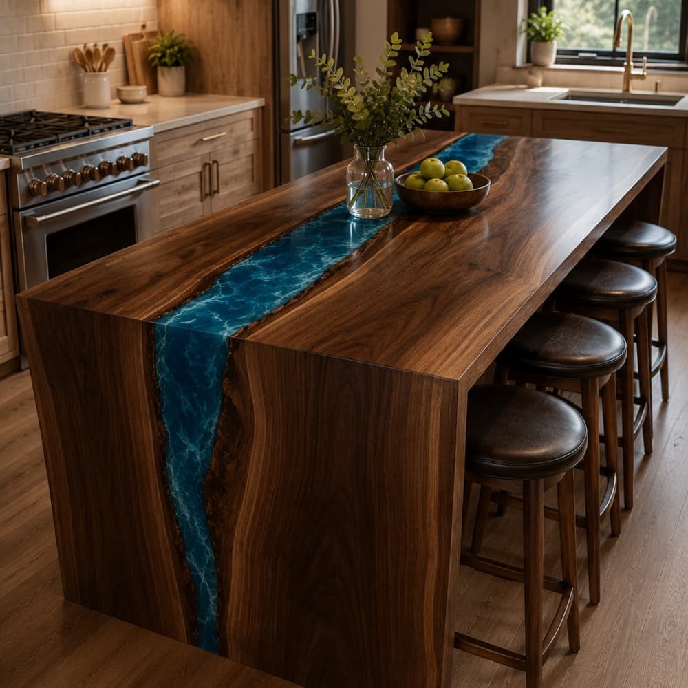 Custom black walnut kitchen island featuring a continuous vertical waterfall aquamarine blue resin river in a warm modern wooden kitchen