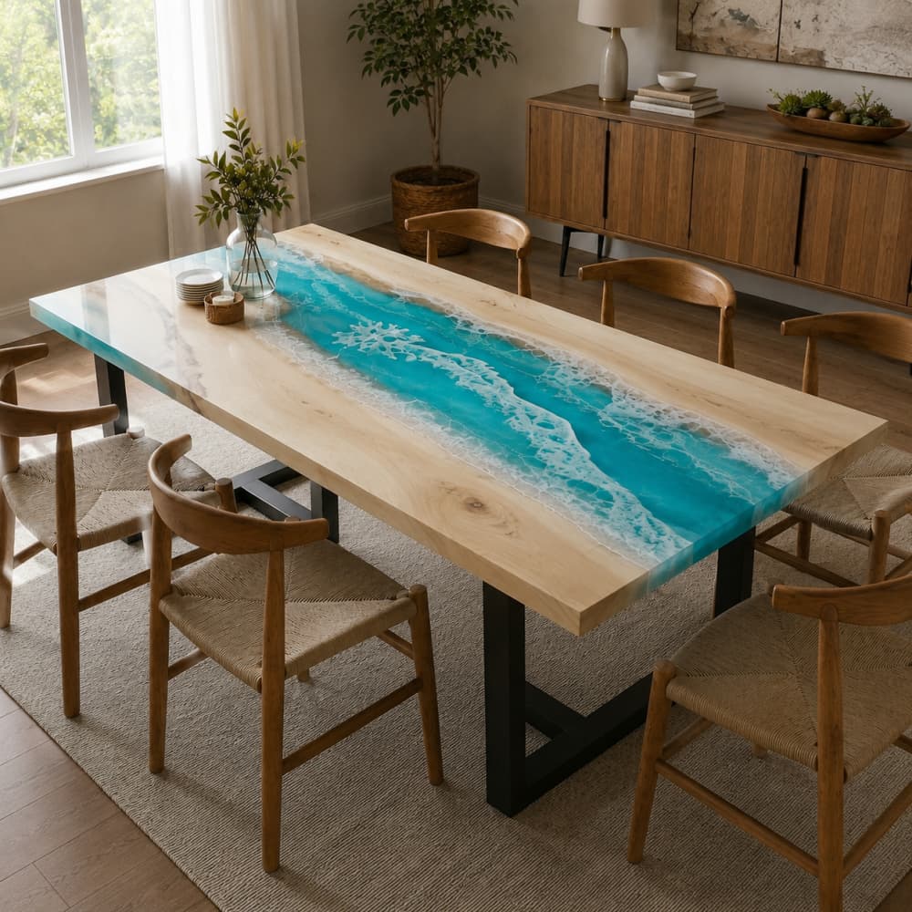 Poplar coastal family dining table with blue epoxy water effect for everyday meals and home entertaining
