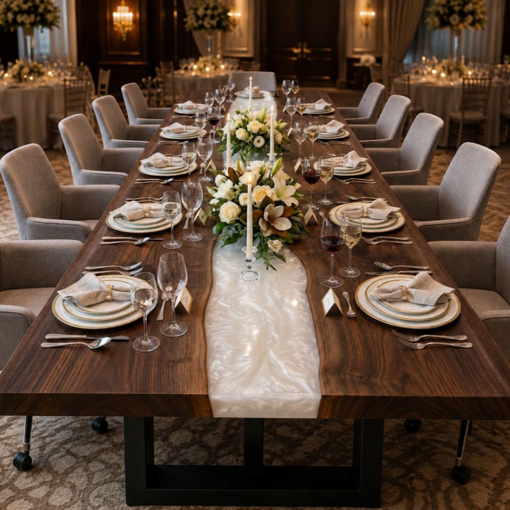 Long black walnut epoxy banquet table with a pearl-white resin river, formal place settings, and floral centerpieces in an elegant event venue