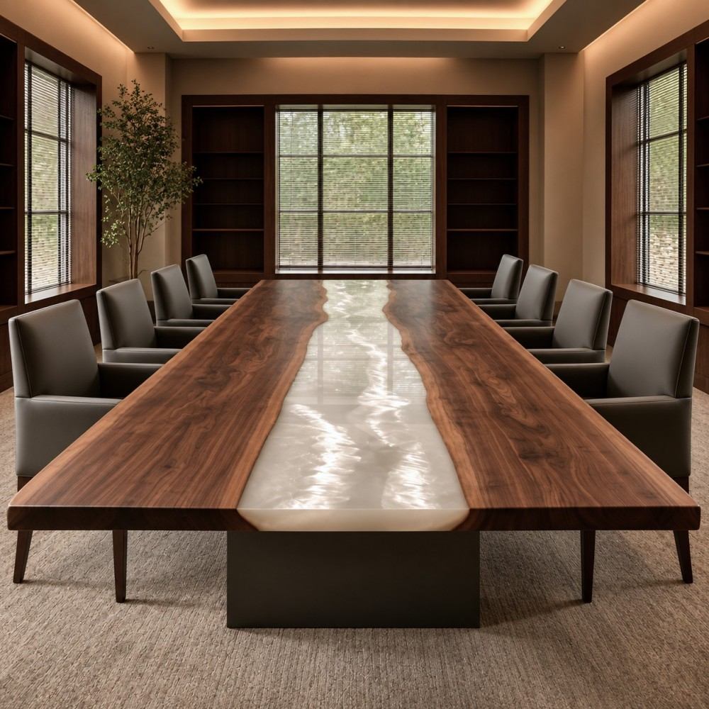 Pearl epoxy boardroom conference table with a luminous center and natural walnut surface