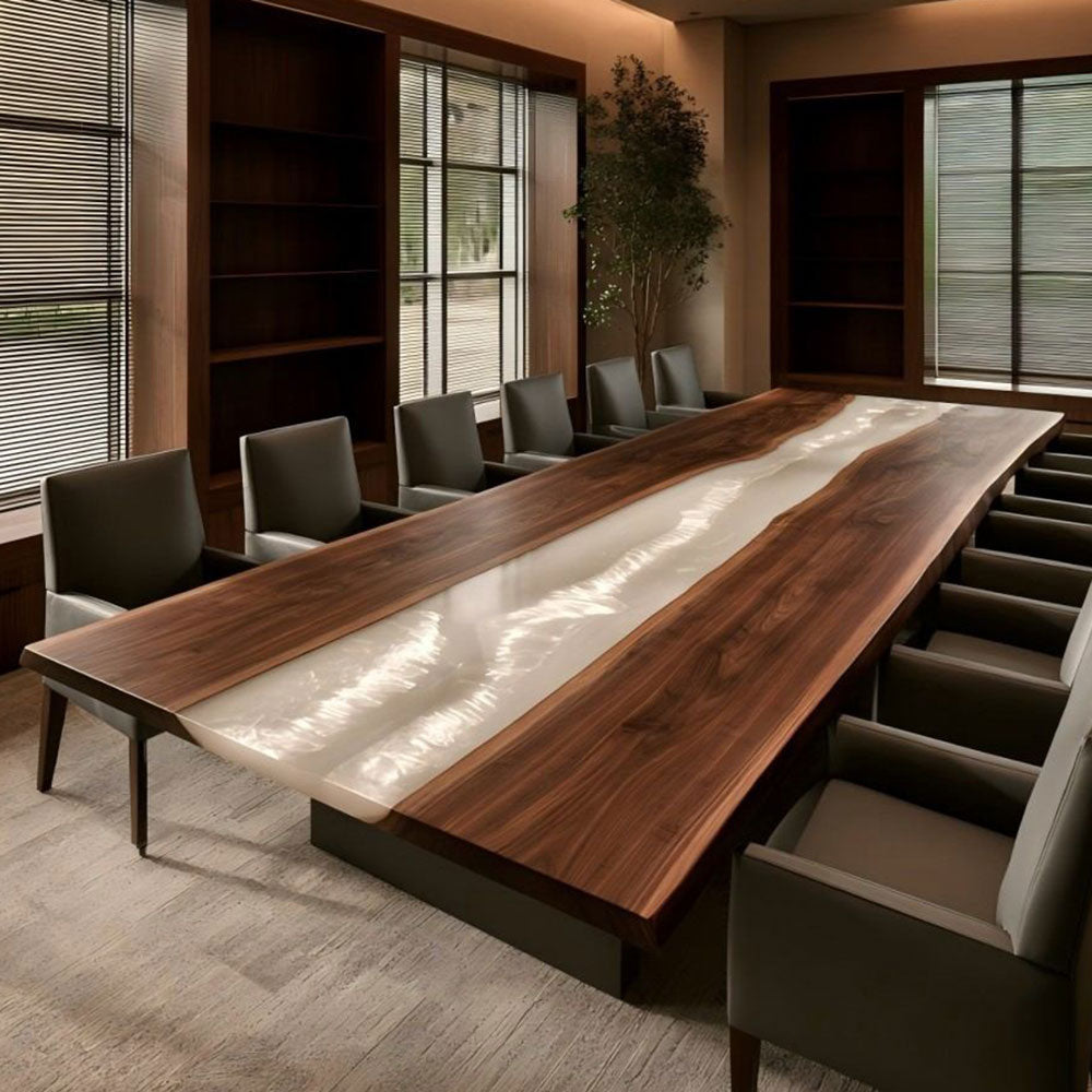 Pearlescent white epoxy conference table with natural walnut for an executive boardroom