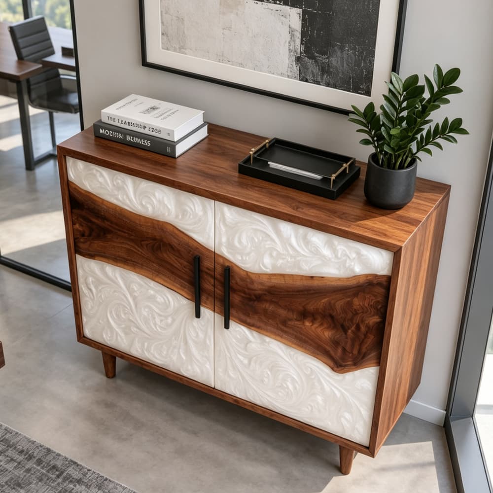 Pearlescent white swirl epoxy resin paired with richly figured black walnut on a handcrafted office cabinet