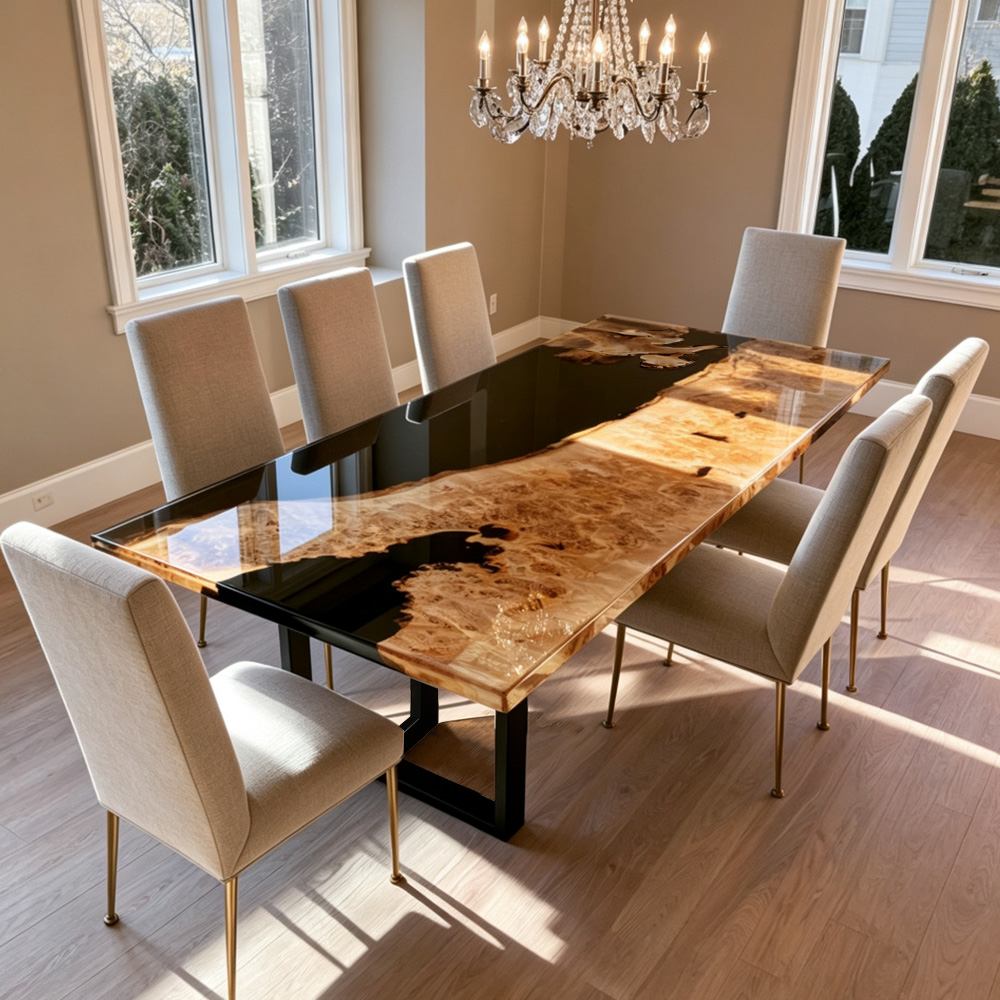 Rectangular poplar dining table featuring a bold black resin centerpiece with clean square edges and a polished finish