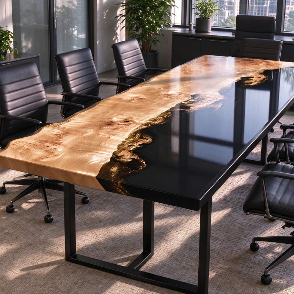 Poplar and black resin river boardroom table designed for a modern executive meeting space