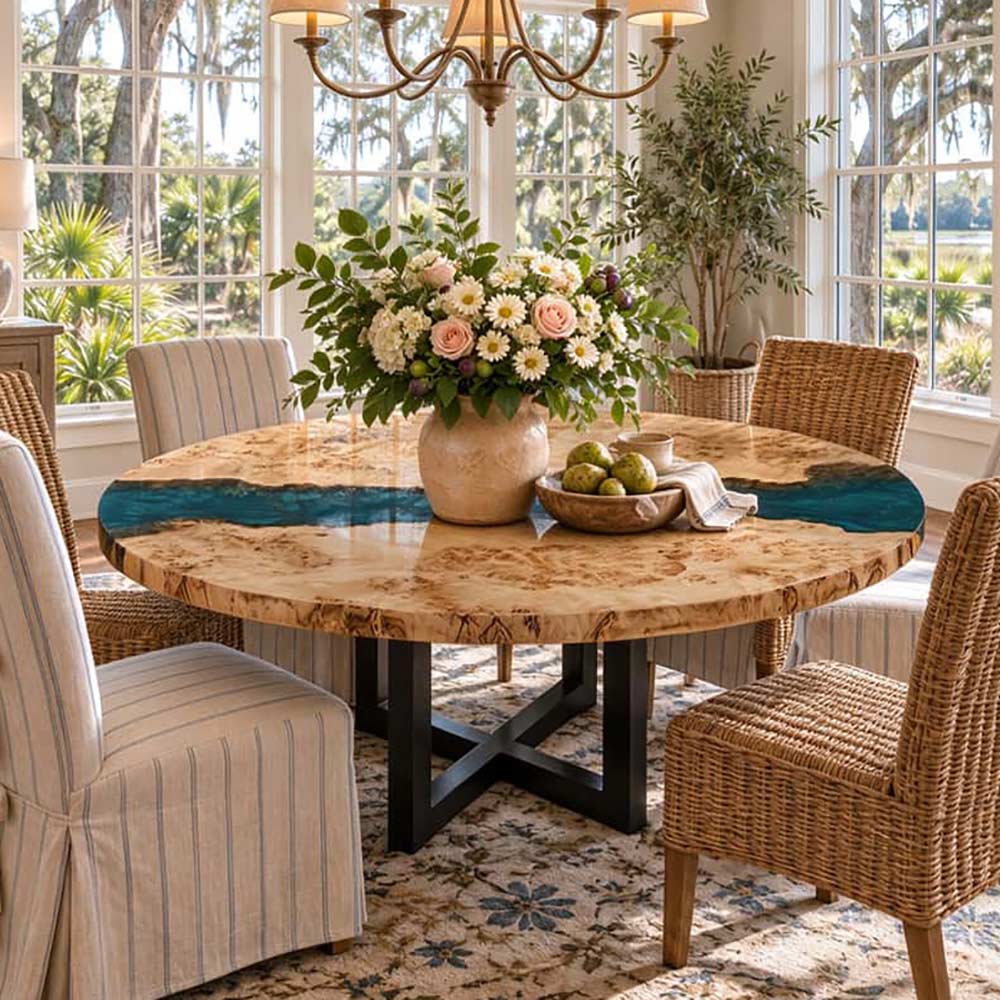 Round Poplar dining table with blue epoxy resin running through the center