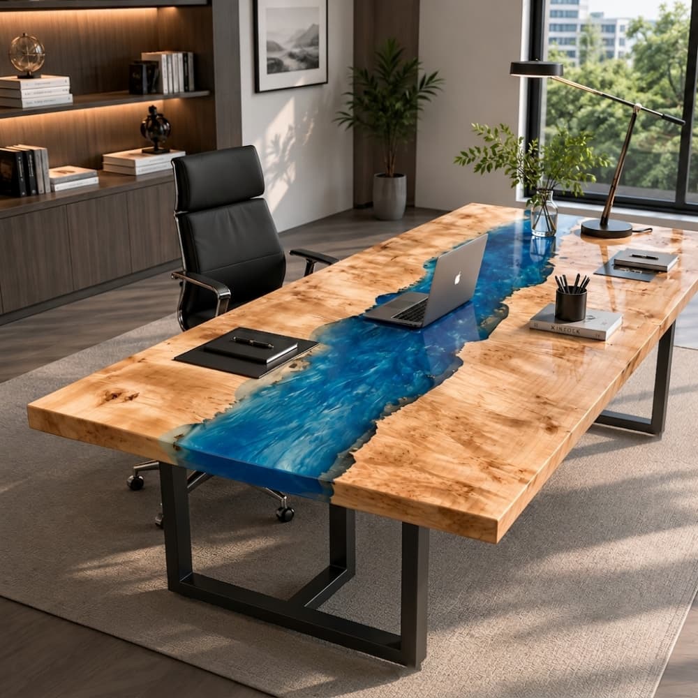 Poplar wood executive desk with blue epoxy resin river and black metal base