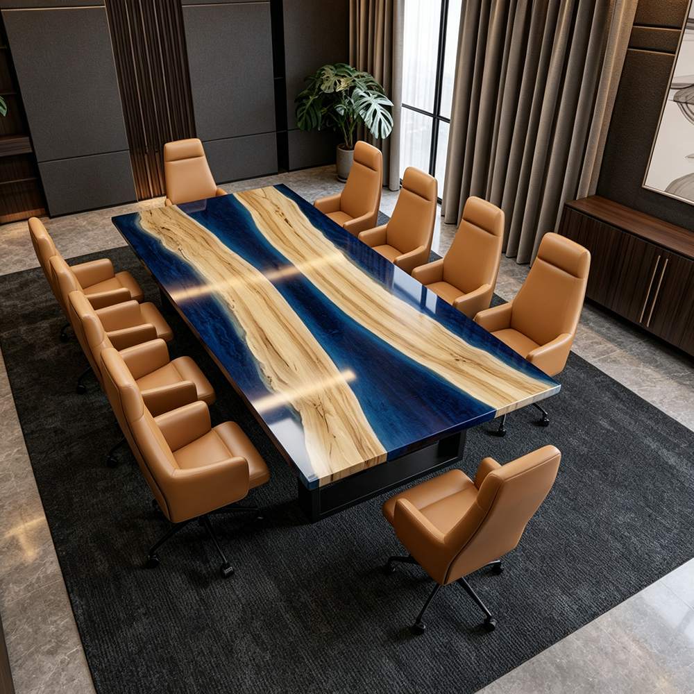 Large handcrafted conference table made from solid poplar with a deep blue resin river and polished surface