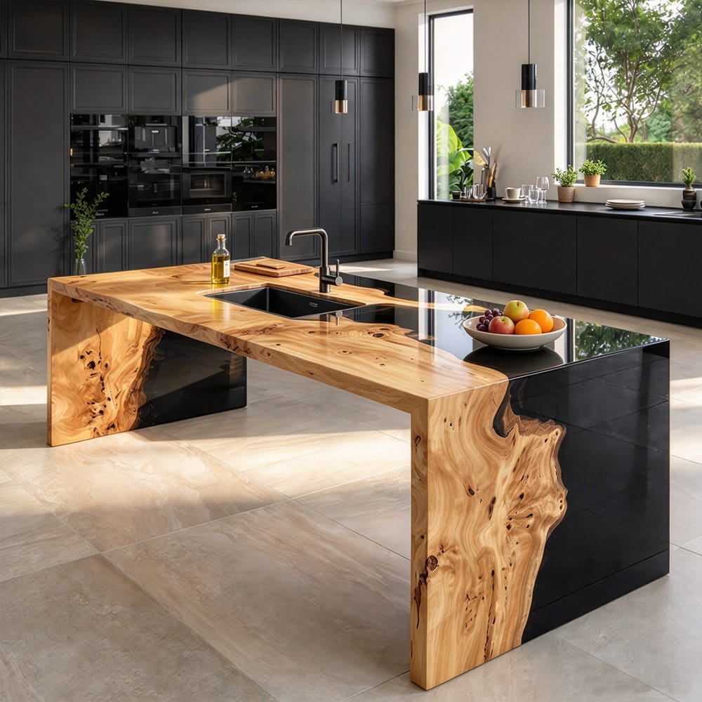 Poplar burl black epoxy waterfall kitchen island staged inside modern kitchen with matte dark cabinetry and floor-to-ceiling windows