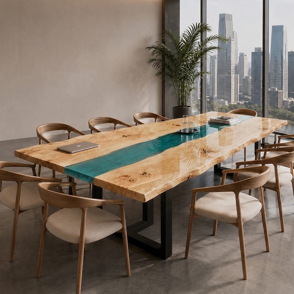 Live edge poplar burl conference table with a translucent lake green epoxy resin river in a sunlit high-rise office