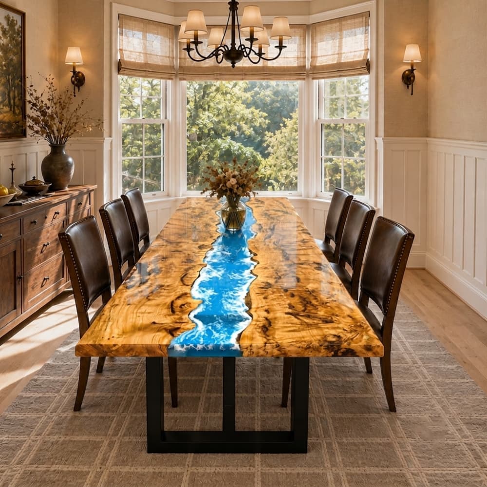 Custom poplar ocean blue epoxy dining table with live edge wood grain in a bright dining room