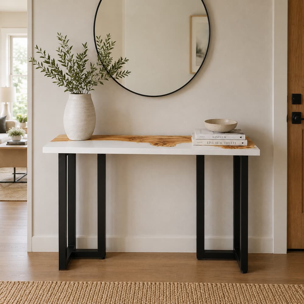 Poplar wood and white epoxy resin console table in a modern entryway