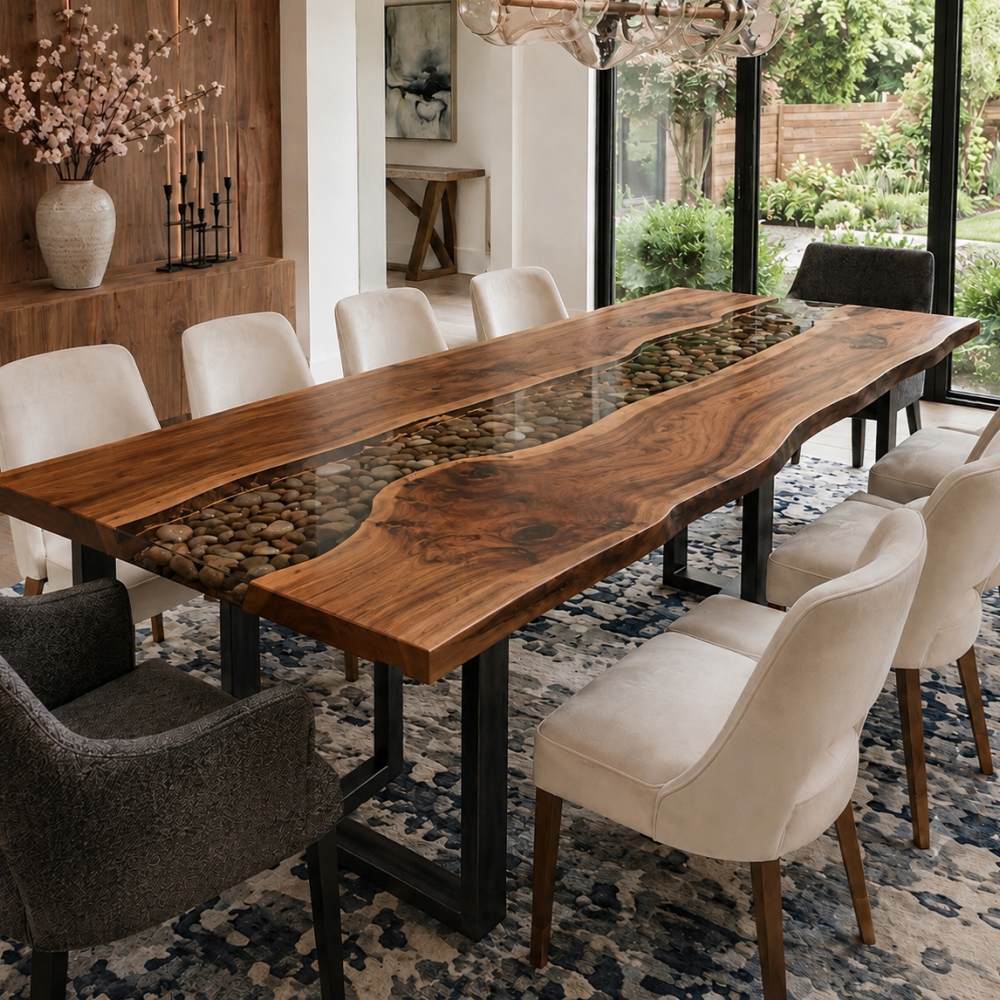 Deep chocolate heartwood grain and distinctive light sapwood ribbon on an heirloom-quality solid wood tabletop