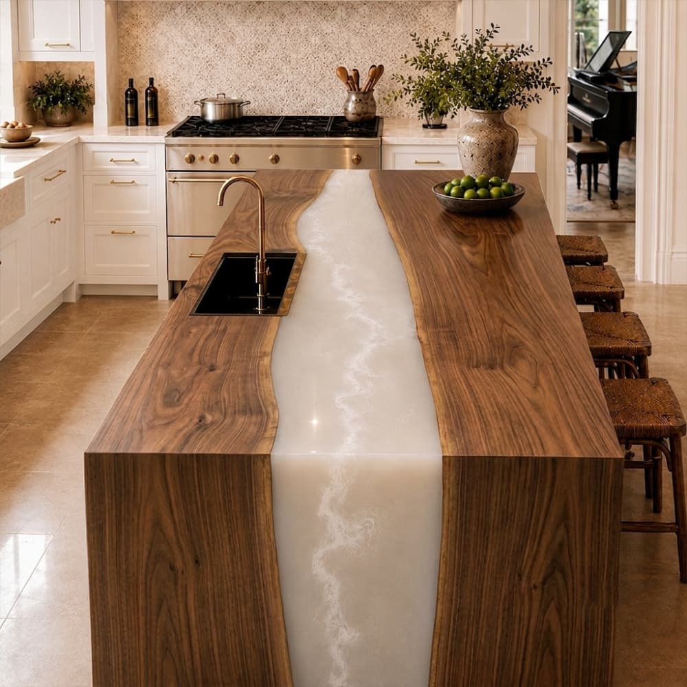 Modern luxury breakfast bar island made of food-safe walnut resin, paired with three woven rustic counter height stools