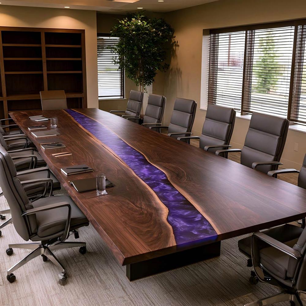 Purple epoxy conference table crafted from richly figured Black Walnut for an executive boardroom