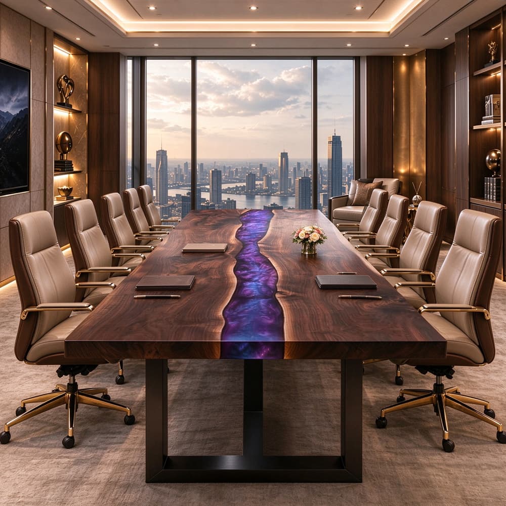 Purple resin boardroom table with natural live-edge Black Walnut contours