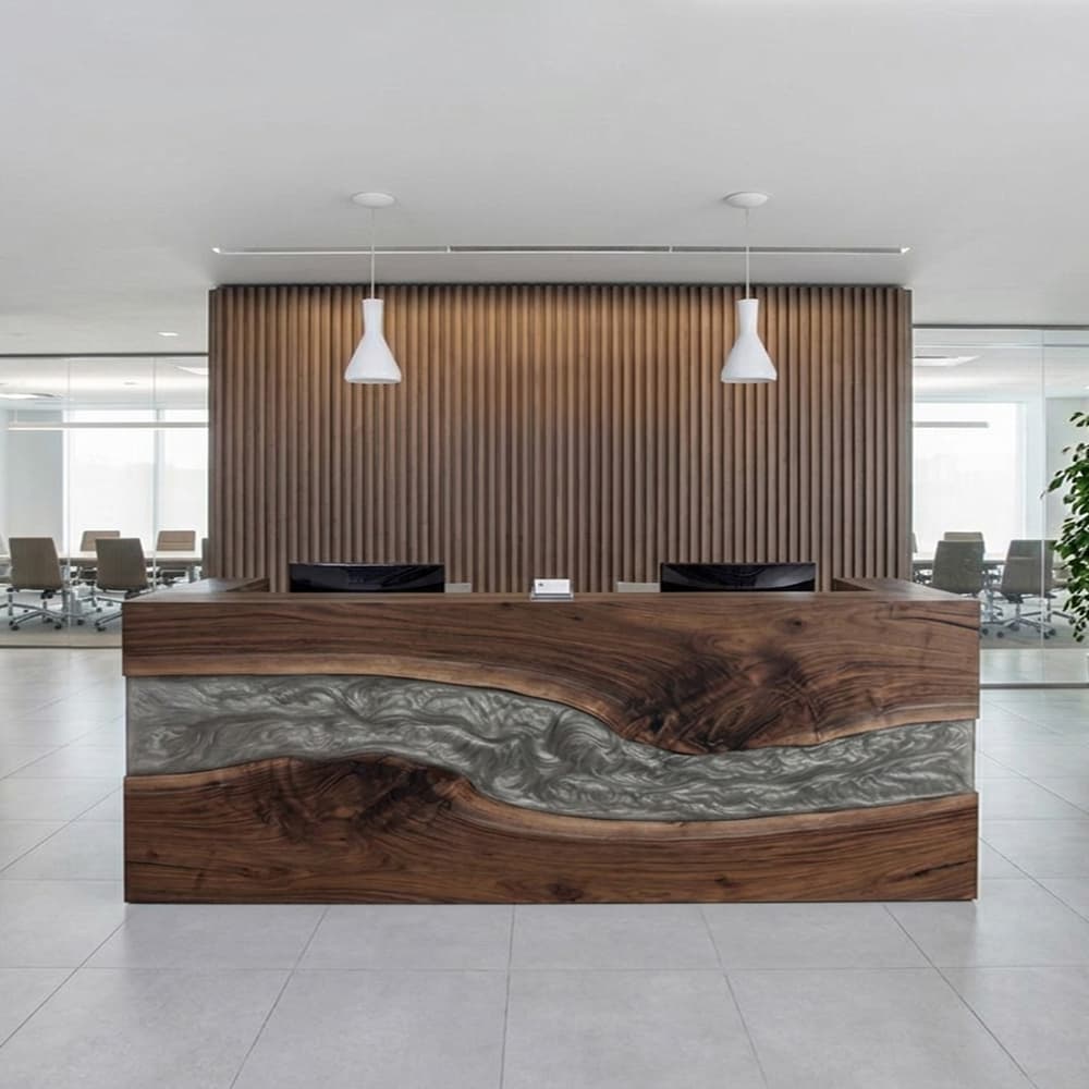 Detailed view of the heavy, rectilinear upper walnut privacy wall designed to create a clean boundary for high-end office operations