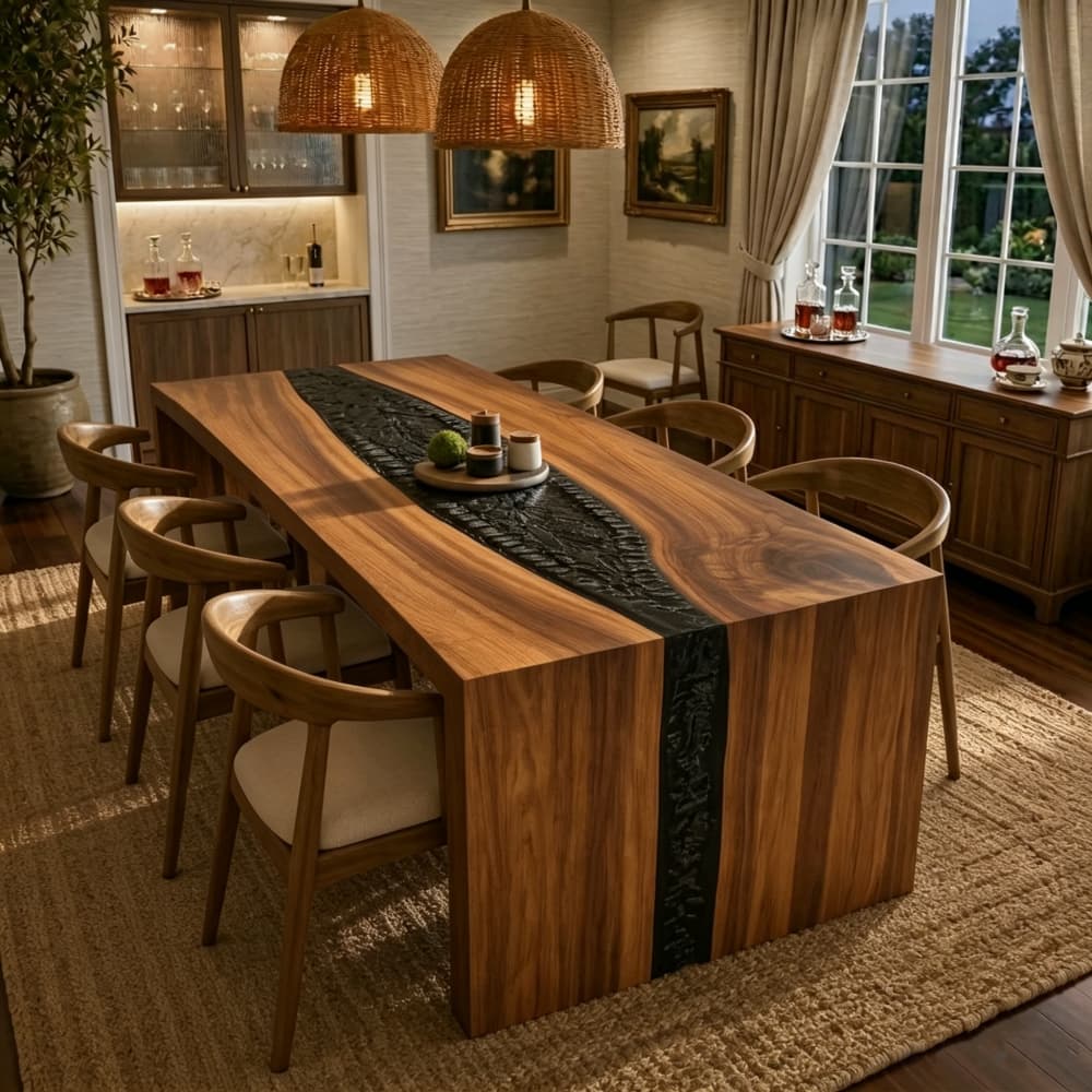 Walnut waterfall dining table featuring black resin inlay, full-length tabletop, and integrated wood side legs