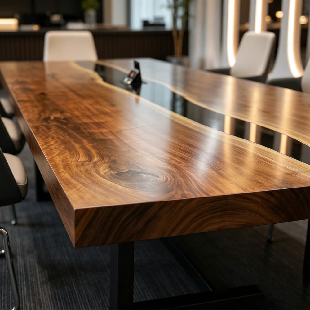 Top view of a rectangular black resin conference table showing the natural walnut slabs and flowing center river design