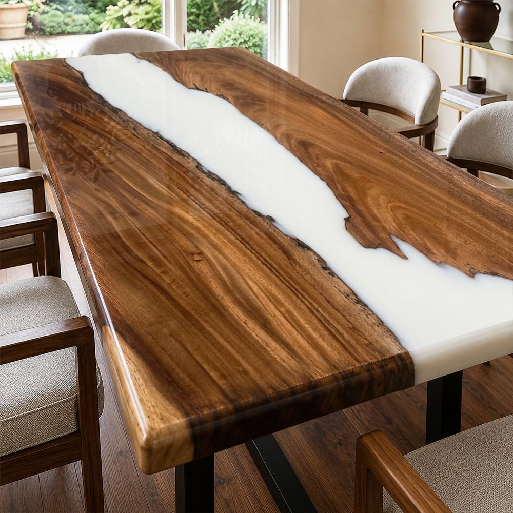 Close-up of a glossy white epoxy river running through a richly grained black walnut tabletop, highlighting the clean contrast and handcrafted finish