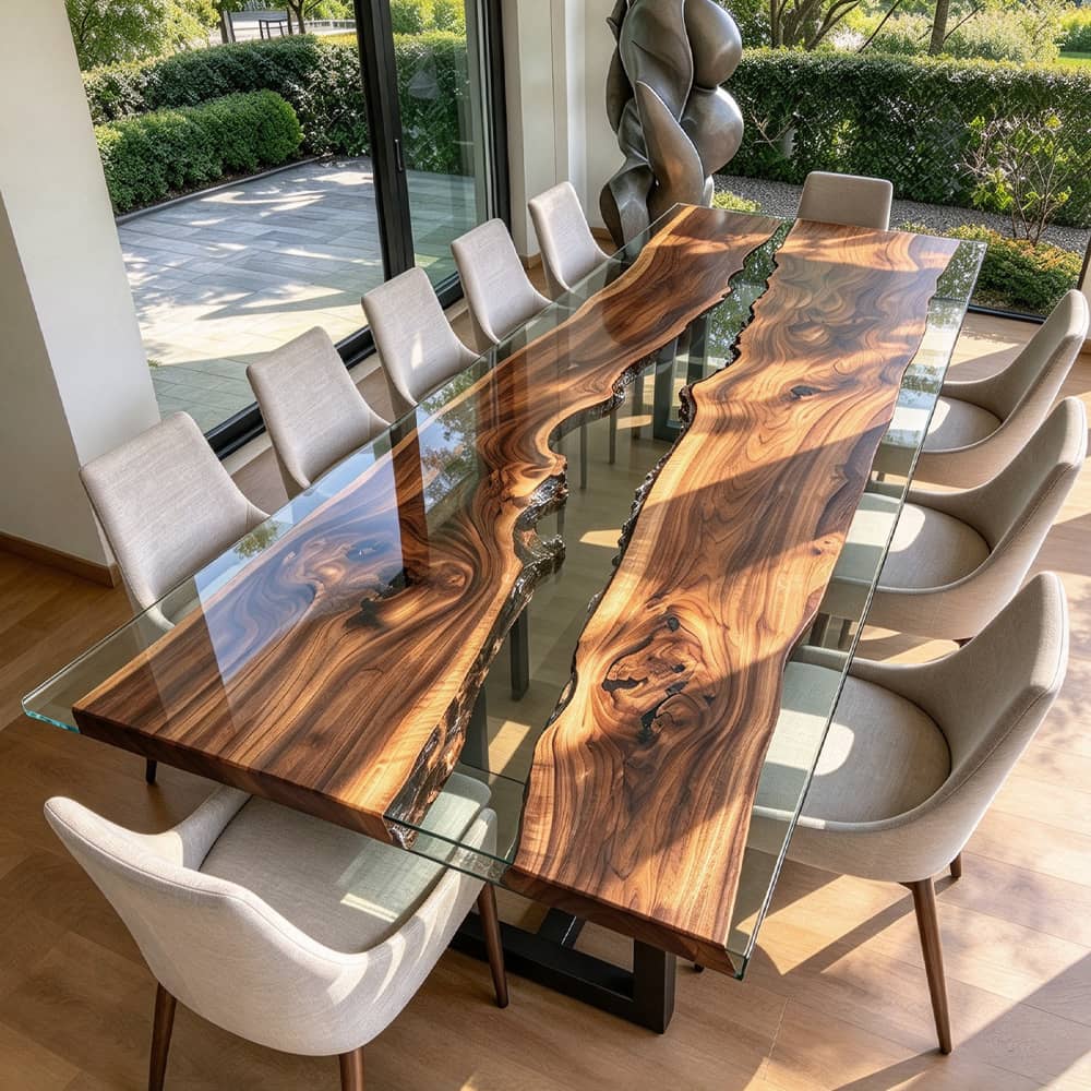 Rectangular black walnut dining table with a transparent epoxy resin center in a contemporary dining room.