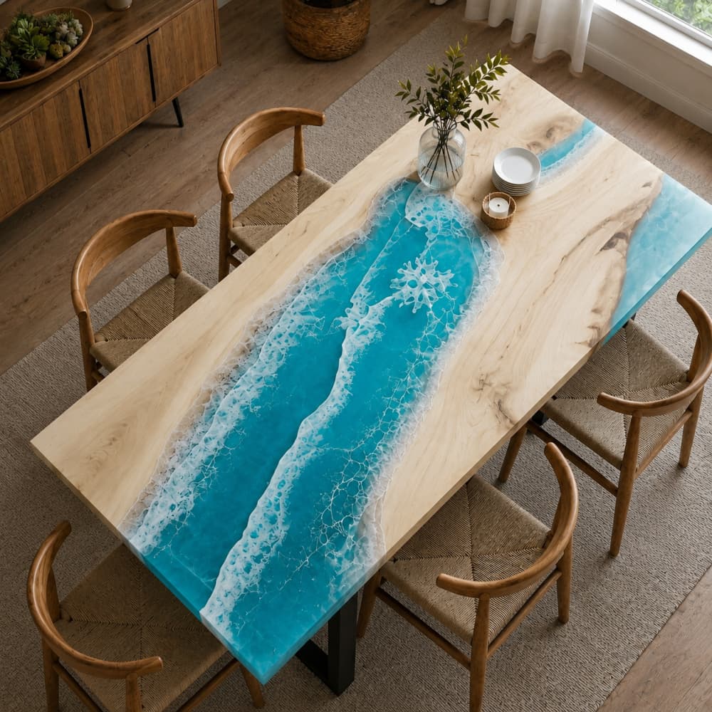 Coastal style poplar resin dining table with blue ocean river center and light natural wood tone