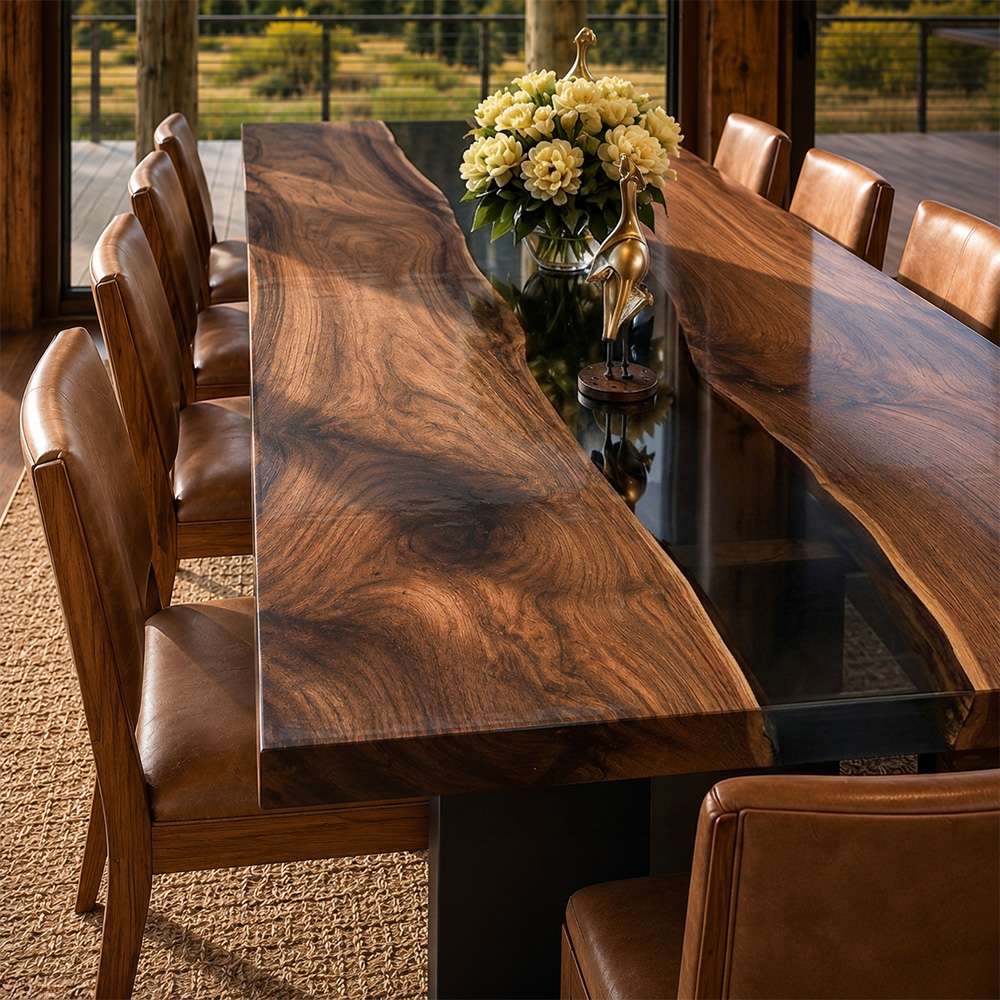Handcrafted solid walnut epoxy dining table with a transparent black river top and sturdy black metal base for everyday dining