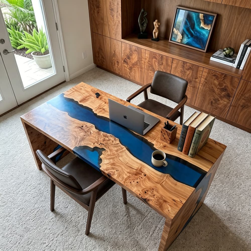 Rectangular poplar epoxy writing desk with navy blue resin river and waterfall side panels