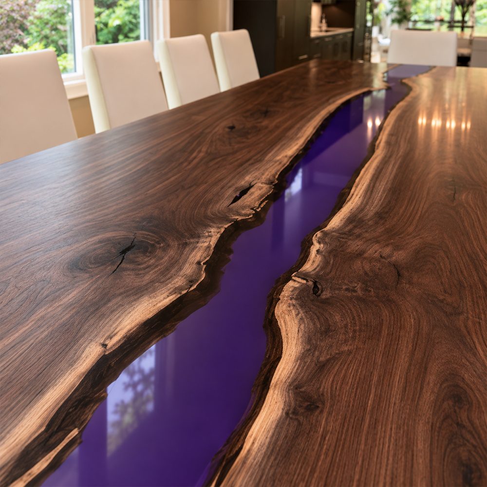 Rectangular wood dining table with purple epoxy resin and richly figured Black Walnut slabs